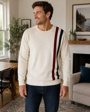 Oxknit 60's Mod Stripe Knit Sweater Cream Long Sleeve Cream Retro Men's 2XL